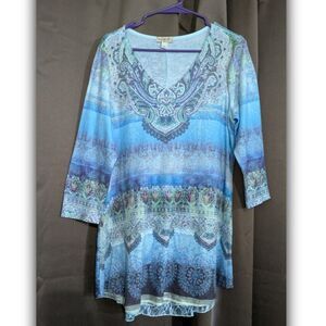 One World Womens L Blue Multi Colored Shirt Beaded Sequins Boho Hippie Free